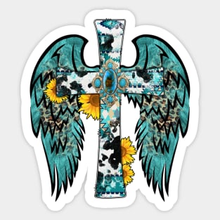 Cross With Turquoise Jewel And With Blue Wings Sticker